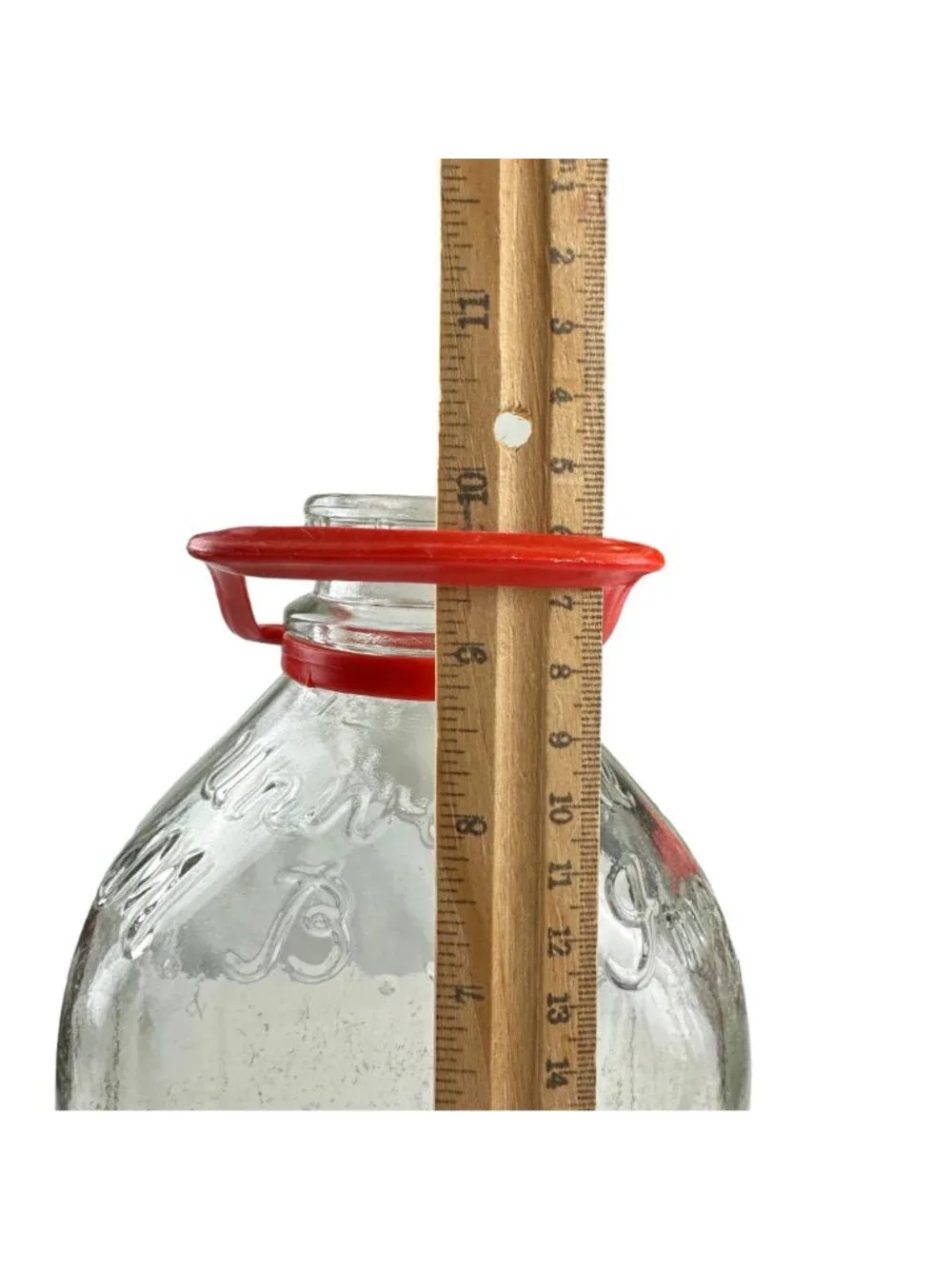 Vintage Glass Milk Bottle With Red Handle - Embossed Script Design - 10 Inches T